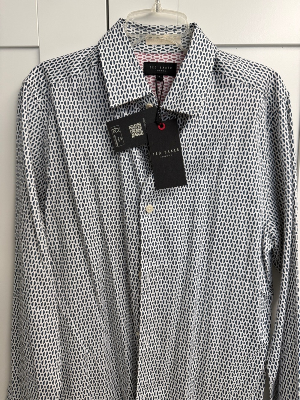 Men’s Ted Baker London White Shirt with Navy Geometric Pattern Size 1